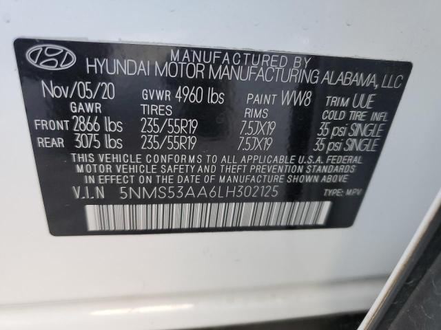 5NMS53AA6LH302125 - 2020 HYUNDAI SANTA FE LIMITED WHITE photo 14