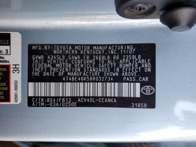4T4BE46K58R032734 - 2008 TOYOTA CAMRY CE BLUE photo 12