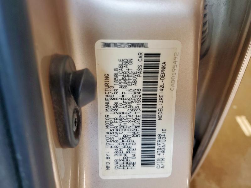 5YFBU4EE1DP193246 - 2013 TOYOTA COROLLA BASE Բեժ լուսանկար 12