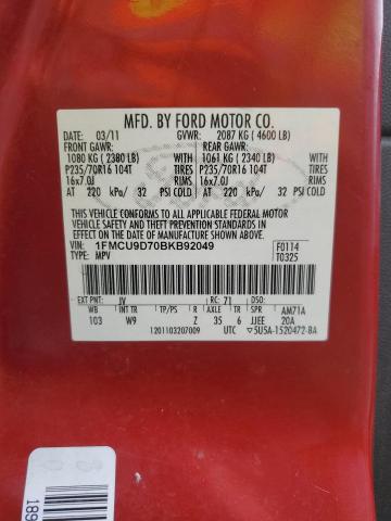 1FMCU9D70BKB92049 - 2011 FORD ESCAPE XLT RED photo 12