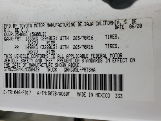 3TMCZ5ANXLM350439 - 2020 TOYOTA TACOMA DOUBLE CAB WHITE photo 12