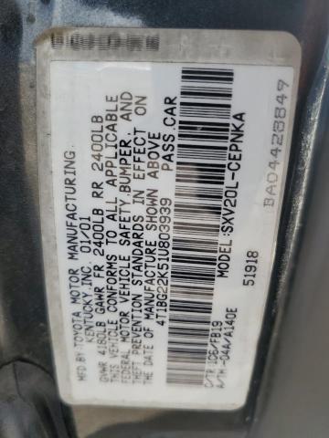 4T1BG22K51U803939 - 2001 TOYOTA CAMRY CE CHARCOAL photo 12