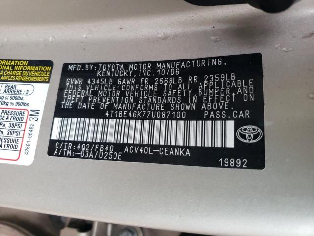 4T1BE46K77U087100 - 2007 TOYOTA CAMRY CE TAN photo 12