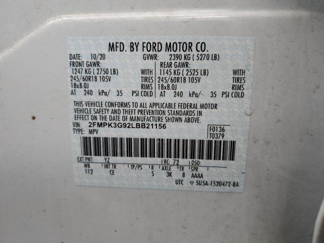 2FMPK3G92LBB21156 - 2020 FORD EDGE SE WHITE photo 13