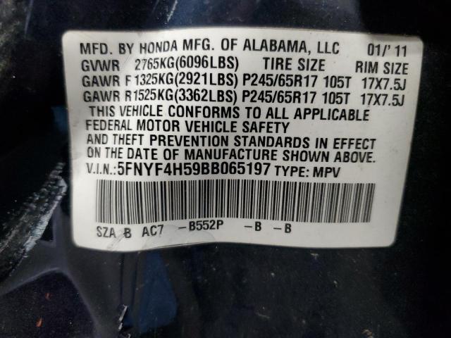 5FNYF4H59BB065197 - 2011 HONDA PILOT EXL BLUE photo 13