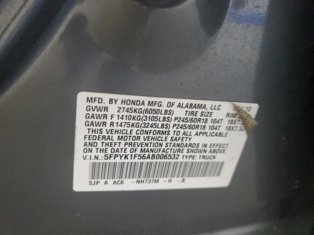 5FPYK1F56AB006532 - 2010 HONDA RIDGELINE RTL GRAY photo 12
