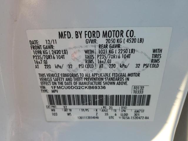 1FMCU0DG2CKB69336 - 2012 FORD ESCAPE XLT WHITE photo 13