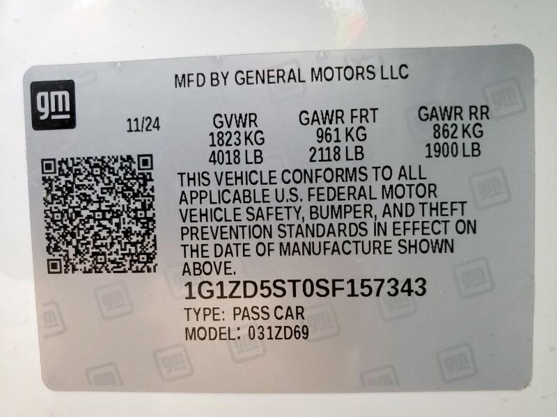 1G1ZD5ST0SF157343 - 2025 CHEVROLET MALIBU LT 白色 照片 12