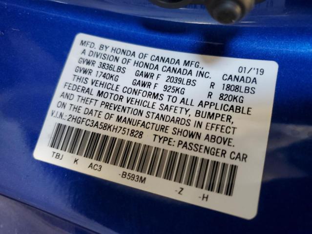 2HGFC3A58KH751828 - 2019 HONDA CIVIC SI Mavi foto 12