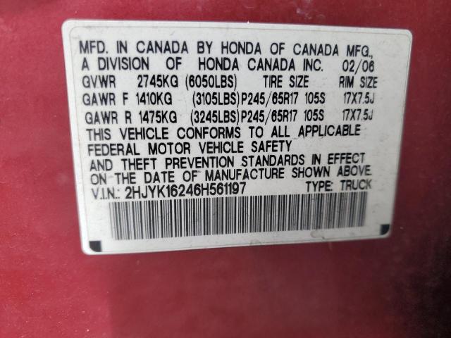 2HJYK16246H561197 - 2006 HONDA RIDGELINE RT RED photo 12