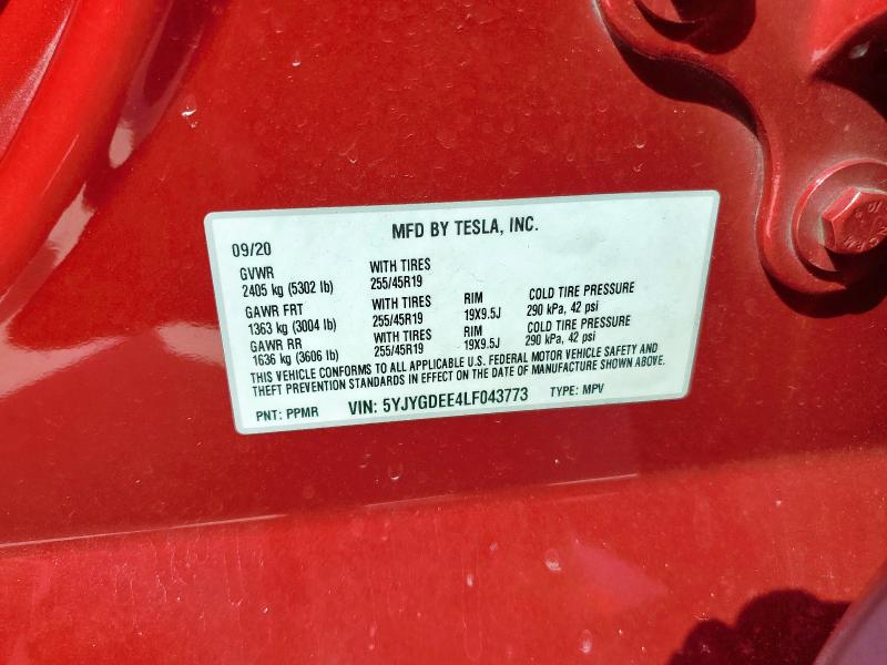 5YJYGDEE4LF043773 - 2020 TESLA MODEL Y წითელი ფოტო 13