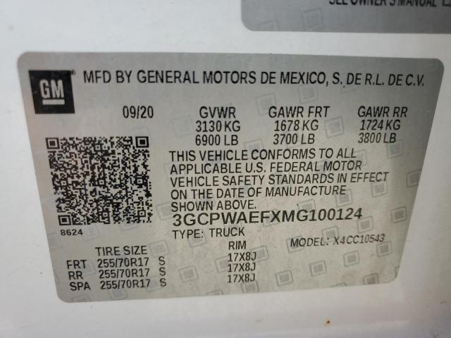 3GCPWAEFXMG100124 - 2021 CHEVROLET SILVERADO C1500 თეთრი ფოტო 12