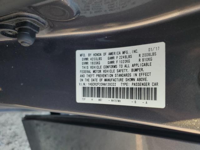 1HGCR2F33HA139322 - 2017 HONDA ACCORD LX ნაცრისფერი ფოტო 12