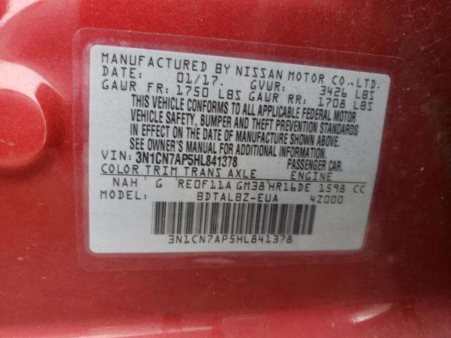 3N1CN7AP5HL841378 - 2017 NISSAN VERSA S RED photo 12