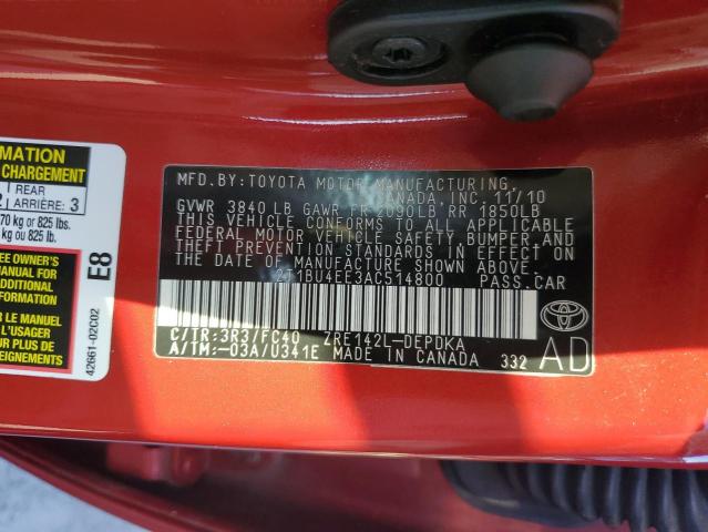 2T1BU4EE3AC514800 - 2010 TOYOTA COROLLA BASE Czerwony zdjęcie 12