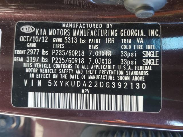 5XYKUDA22DG392130 - 2013 KIA SORENTO EX მუქწითელი ფოტო 13