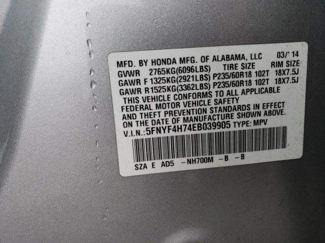 5FNYF4H74EB039905 - 2014 HONDA PILOT EXLN SILVER photo 13