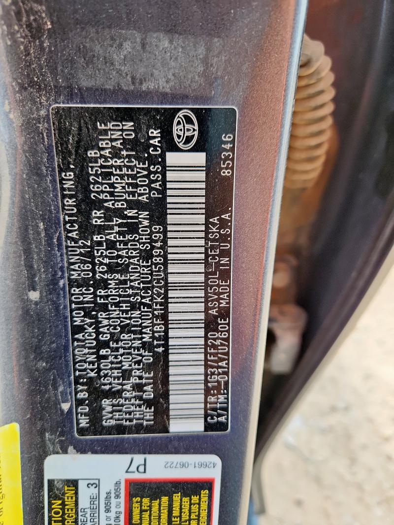 4T1BF1FK2CU589499 - 2012 TOYOTA CAMRY BASE GRAY photo 12