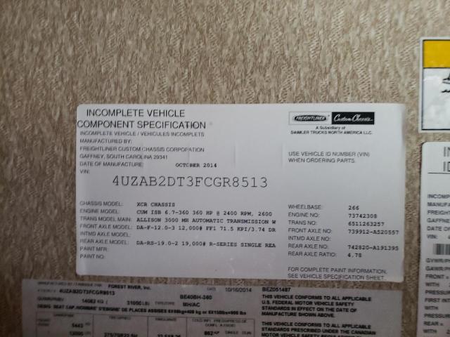 4UZAB2DT3FCGR8513 - 2015 FREIGHTLINER CHASSIS XC შავი ფოტო 10