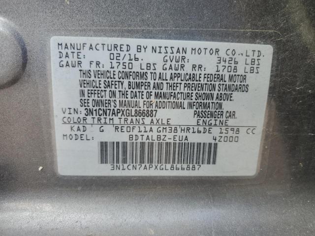 3N1CN7APXGL866887 - 2016 NISSAN VERSA S GRAY photo 13