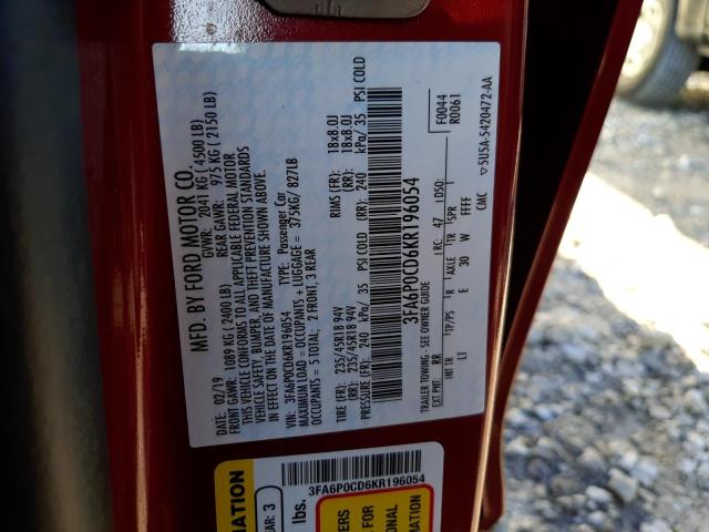 3FA6P0CD6KR196054 - 2019 FORD FUSION SEL RED photo 12