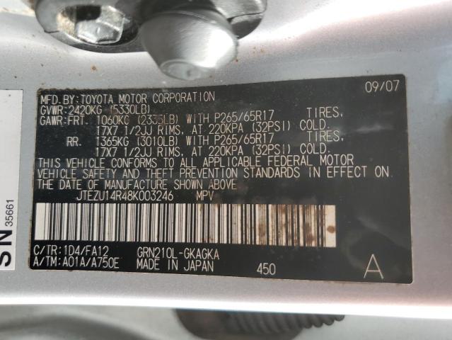 JTEZU14R48K003246 - 2008 TOYOTA 4RUNNER SR5 SILVER photo 12