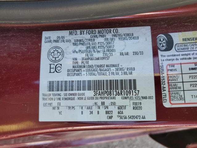 3FAHP08136R109157 - 2006 FORD FUSION SEL BURGUNDY photo 12