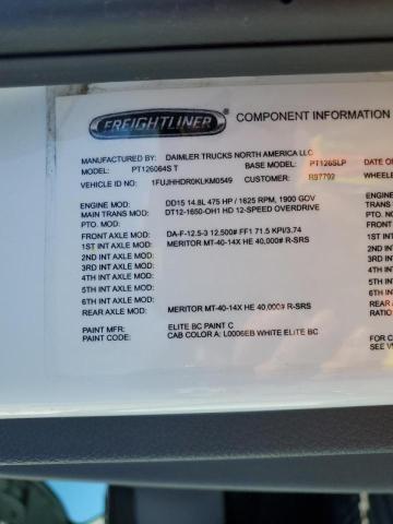 1FUJHHDR0KLKM0549 - 2019 FREIGHTLINER CASCADIA 1 თეთრი ფოტო 10