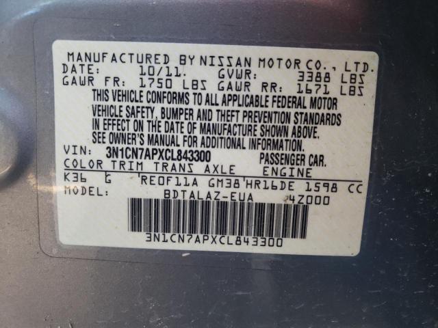 3N1CN7APXCL843300 - 2012 NISSAN VERSA S GRAY photo 12