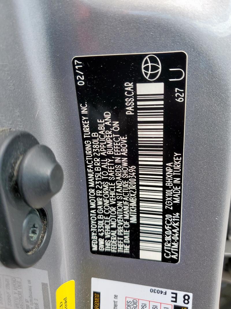 NMTKHMBX2JR003496 - 2018 TOYOTA C-HR XLE Plata foto 12