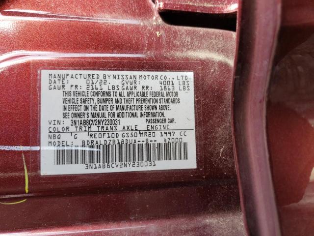 3N1AB8CV2NY230031 - 2022 NISSAN SENTRA SV BURGUNDY photo 12