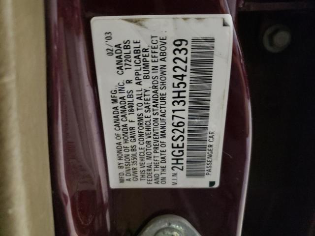 2HGES26713H542239 - 2003 HONDA CIVIC EX MAROON photo 12