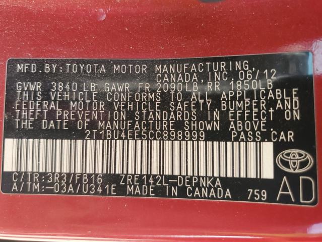 2T1BU4EE5CC898999 - 2012 TOYOTA COROLLA BASE Червоний фото 12