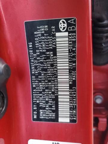 5YFBURHE1JP826669 - 2018 TOYOTA COROLLA L 勃艮第红 照片 12