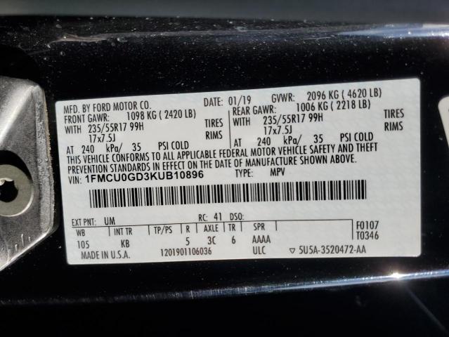 1FMCU0GD3KUB10896 - 2019 FORD ESCAPE SE შავი ფოტო 12