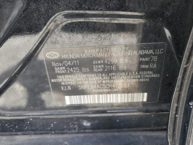 5NPEB4AC5CH412003 - 2012 HYUNDAI SONATA GLS BLACK photo 12