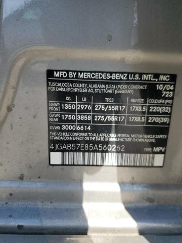 4JGAB57E85A560262 - 2005 MERCEDES-BENZ ML 350 银色 照片 13