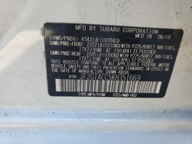 JF2GTACC5KH351669 - 2019 SUBARU CROSSTREK PREMIUM WHITE photo 13