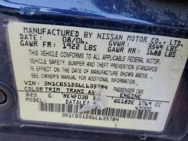 3N1CB51D56L635784 - 2006 NISSAN SENTRA 1.8 BLUE photo 12