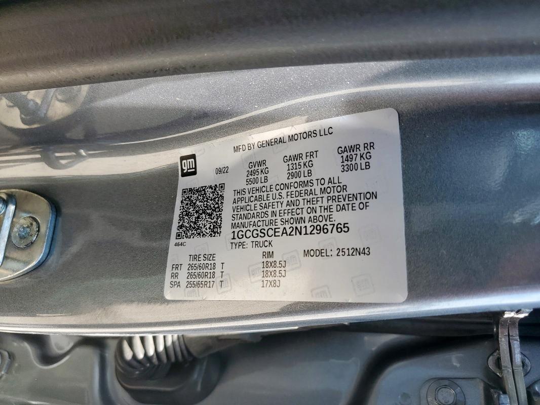 1GCGSCEA2N1296765 - 2022 CHEVROLET COLORADO LT GRAY photo 12