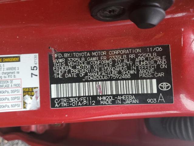 JTDKB20U677592488 - 2007 TOYOTA PRIUS RED photo 12