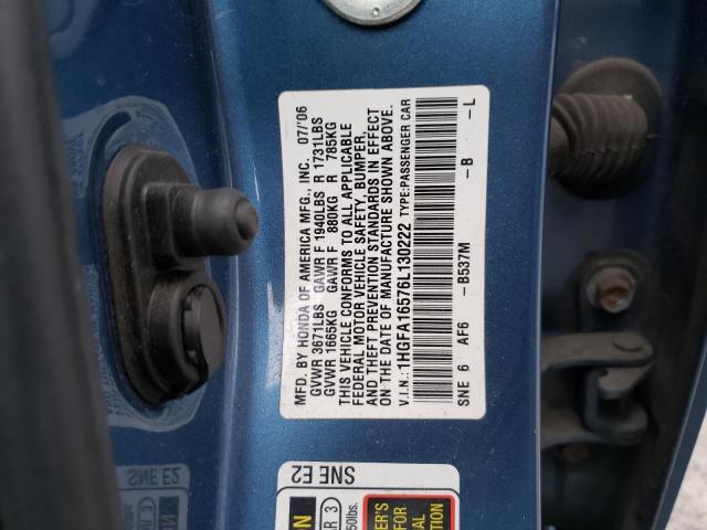 1HGFA16576L130222 - 2006 HONDA CIVIC LX BLUE photo 12