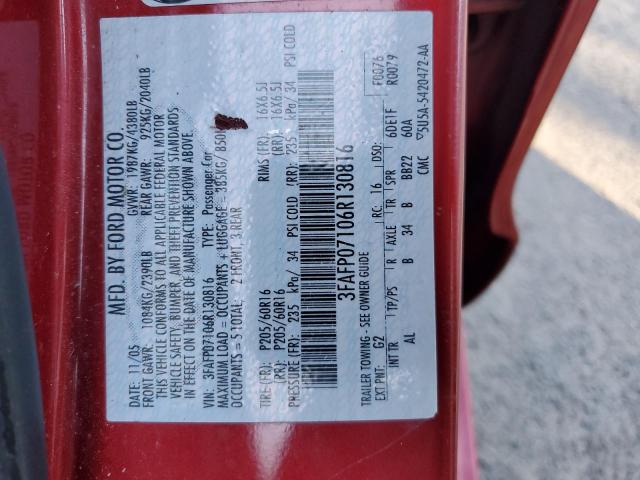 3FAFP07106R130816 - 2006 FORD FUSION SE RED photo 12