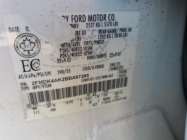 2FMDK4AK2BBA87285 - 2011 FORD EDGE SPORT WHITE photo 13