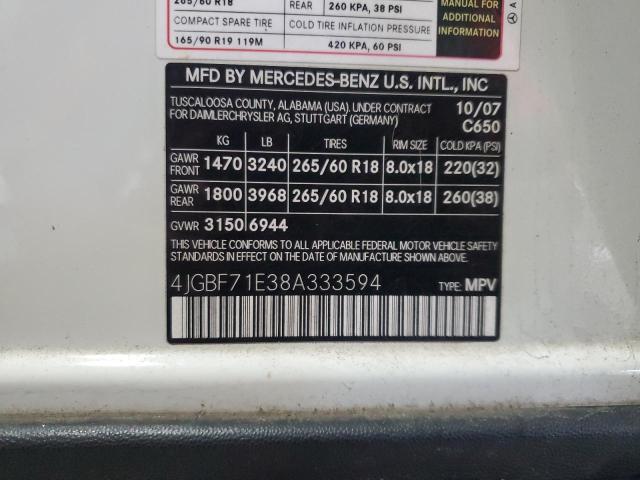 4JGBF71E38A333594 - 2008 MERCEDES-BENZ GL 450 4MATIC WHITE photo 13