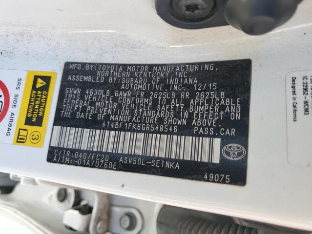 4T4BF1FK6GR548546 - 2016 TOYOTA CAMRY LE WHITE photo 12