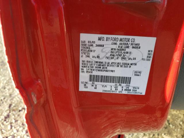 1FTRX12W85FB01981 - 2005 FORD F150 RED photo 12