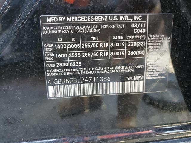 4JGBB8GB5BA711386 - 2011 MERCEDES-BENZ ML 350 4MATIC BLACK photo 13