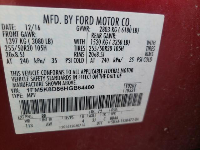 1FM5K8D86HGB64480 - 2017 FORD EXPLORER XLT RED photo 14