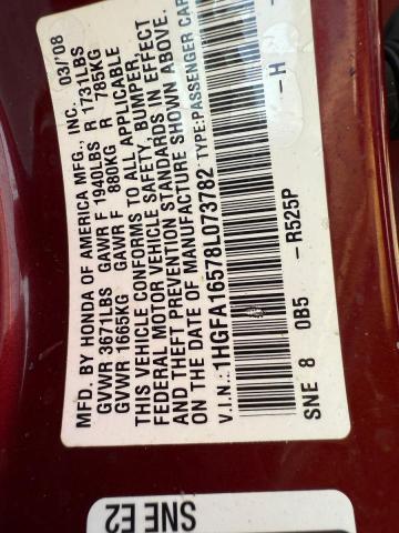 1HGFA16578L073782 - 2008 HONDA CIVIC LX RED photo 10